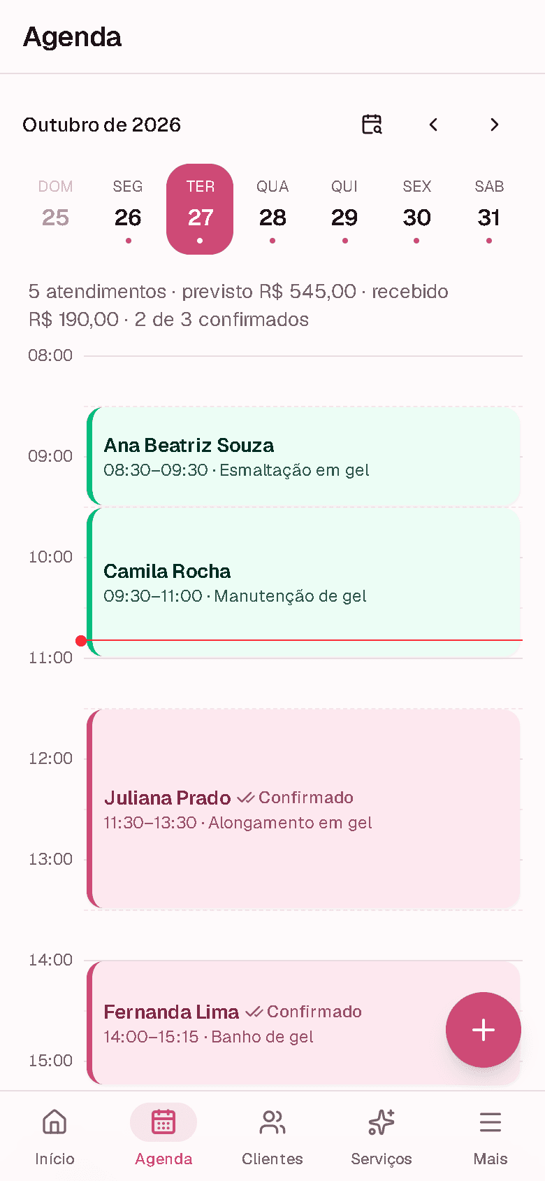 Agenda do dia no app, com atendimentos confirmados