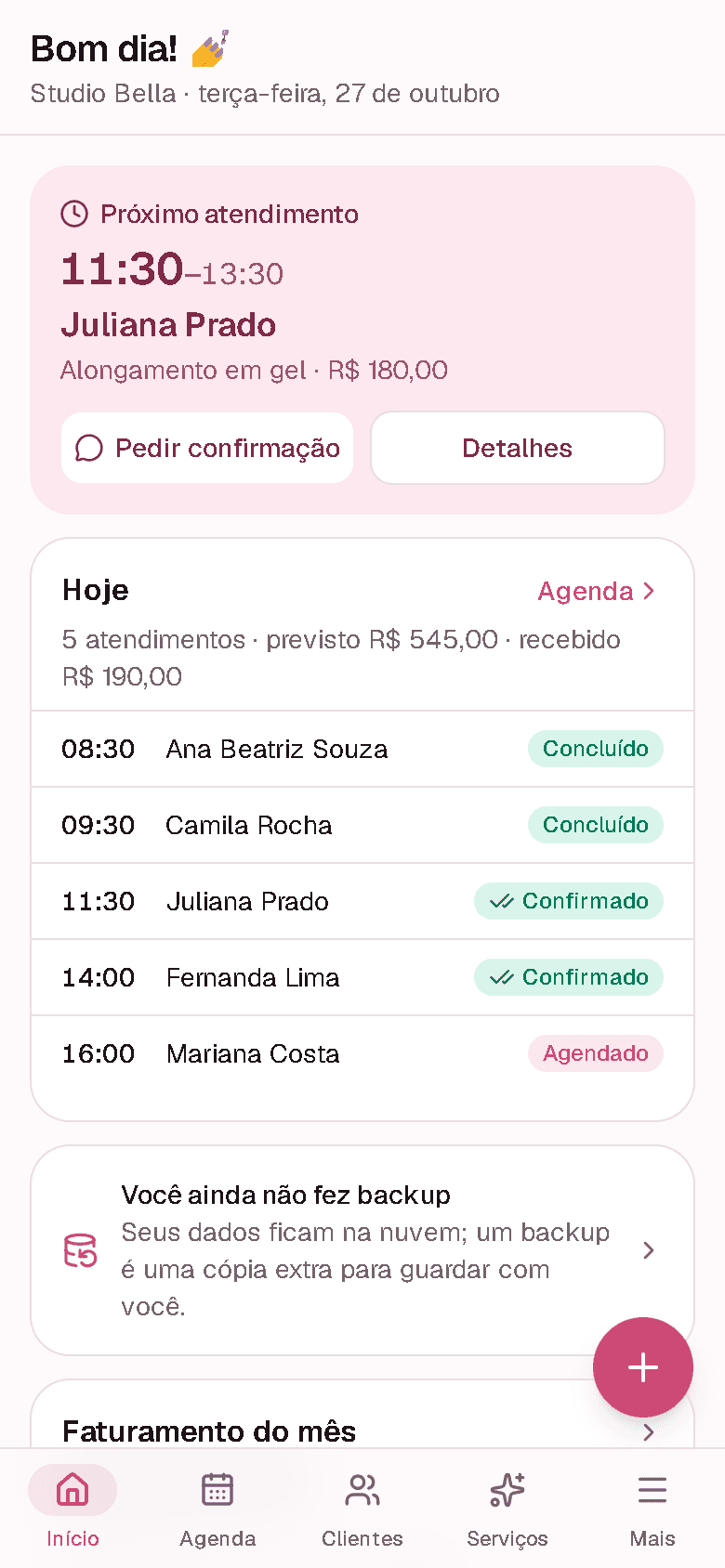 Tela inicial com o próximo atendimento